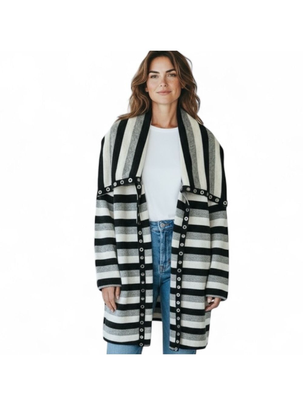 BAR by Melis Kozan Cardigan Striped Open Front Shawl Collar Grommet Accents M